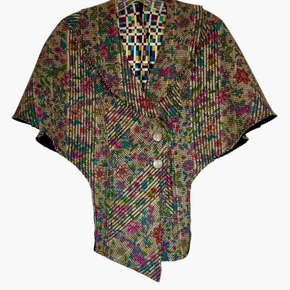 Y2K Multi Color Tweed Collar Cape Jacket Asymmetrical Button Front Lined Large - Picture 3 of 15